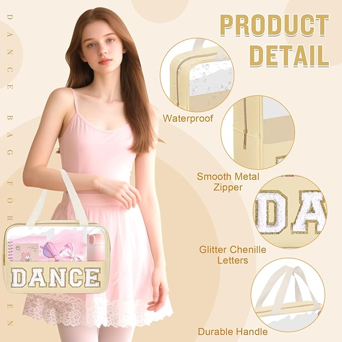 Dance Bag for Girls Chenille Letter Clear Makeup DANCE Stuff Bag,Toddler Dance Recital Gifts Ballet Cosmetic Zipper Pouch with Handle,Dance Competition Accessories Toiletry Storage Bag(DANCE-Beige)