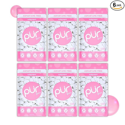 PUR Gum | Aspartame Free Chewing Gum | 100% Xylitol | Natural Bubblegum Flavored Gum, 55 Pieces (Pack of 6)