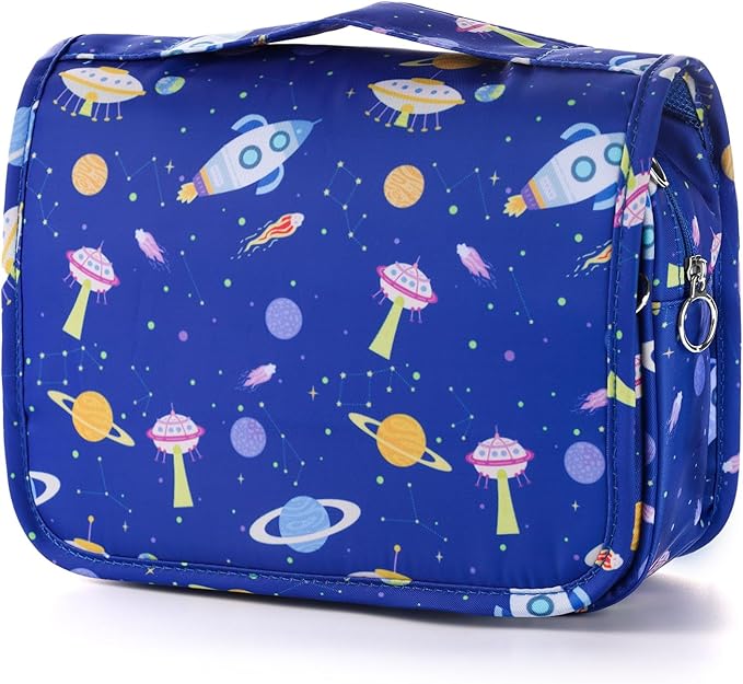 Kids Hanging Toiletry Bag for Boys, Travel Toiletry Bag for Little Young Boys Waterproof Wash Bag Toddler Traveling Toiletries, Space Blue