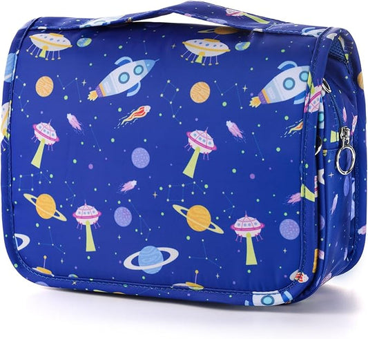 Kids Hanging Toiletry Bag for Boys, Travel Toiletry Bag for Little Young Boys Waterproof Wash Bag Toddler Traveling Toiletries, Space Blue