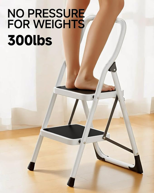 2 Step Stool, Folding Step Ladder with Wide Anti-Slip Pedal & Safety Lock, Step Stool for Kitchen, Bathroom, Office, 300lbs Capacity