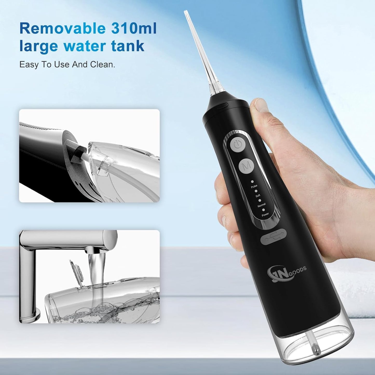 Cordless Water Dental Flosser Oral irrigator,JNGOODS 310ml Rechargeable Water flosser for Teeth IPX7 Waterproof 4 Modes Portable Irrigate with 4 Jet Tips,Travel Home use (Black)