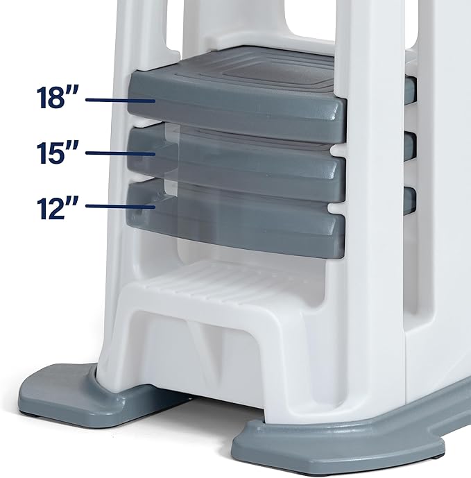 Simplay3 Toddler Tower Montessori Standing Kitchen Step Stool with Sturdy Stabilizing Base and Adjustable Platform, 20.5" D x 26" W x 34.5" H, Ages 18 Months to 5 Years, White