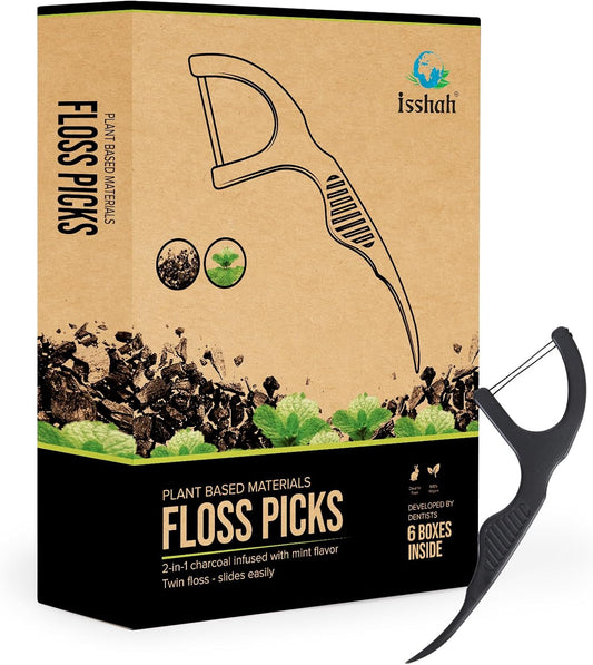 Natural Dental Floss Picks (300 Count) - Kraft Paper Box Packaging, Plant Based, PETA Approved Vegan, Eco Friendly, Sustainable Dental Flossers - Twin Floss (Charcoal)