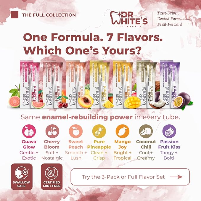 Dr. White’s Fluoride-Free nHA Toothpaste 3-Pack; Dentist-Formulated, Nano Hydroxyapatite + Xylitol, Sensitivity Relief Complex™, Mint-Free, Enamel Safe, Swallow-Safe (3.5 Oz, Cherry Bloom)