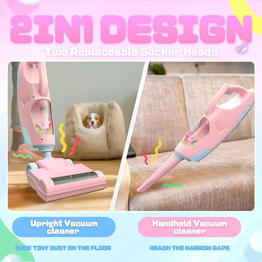 Toy Choi's 2-in-1 Kids Vacuum That Really Works - Toy Vacuum for Toddlers with Sound Effects, Pretend Play Kids Vacuum Cleaner, Household Housekeeping Toys for Boys Girls (Pink)