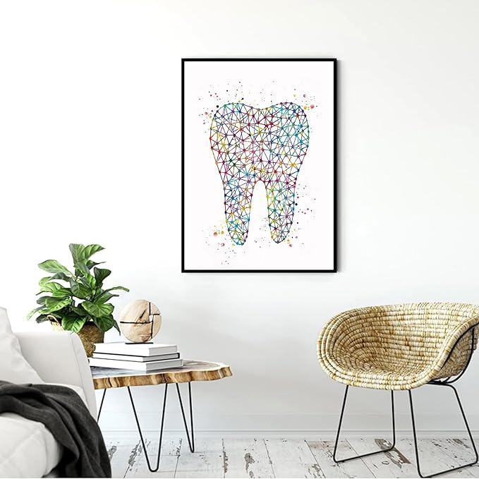 HFKSRJGW Medical Decor Artworks,Dental Art Watercolor Print Medical Art Molar Teeth Orthodontic Orthodontist Clinic Office Dentist Geometrical Art Dentistry Wall Art,16""x20""Framed Wall Art, white 5