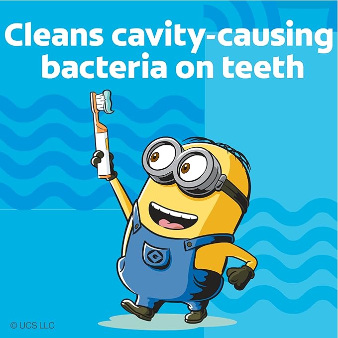 Colgate Kids Battery Powered Toothbrush with Included AA Battery, Extra Soft Bristles, Flat-Laying Handle to Prevent Rolling, Minion, 1 Pack