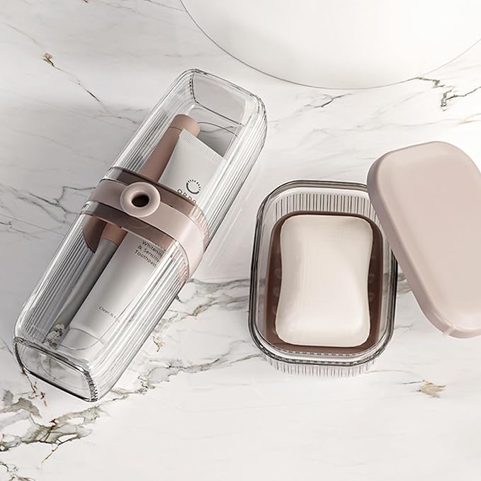 2Pcs Toothbrush Travel Case & Travel Soap Holder Dish Tray, Portable Clear Toothbrush Holders with Cover Leakproof Bar Soap Holder for Traveling School Camping Business Trip Bathroom