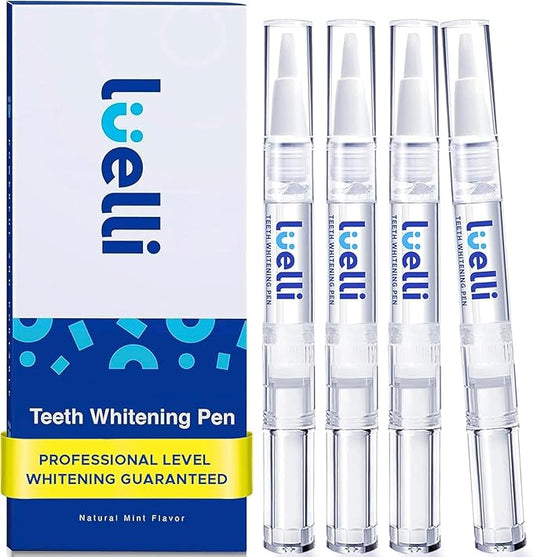 Luelli Teeth Whitening Pen, 40+ Uses - Travel Size Professional Tooth Whitener Serum, Extra Strength Organic Teeth Bleaching Gel for Sensitive Teeth, Instant Stain Removal, Simply White Smile, 4 Count