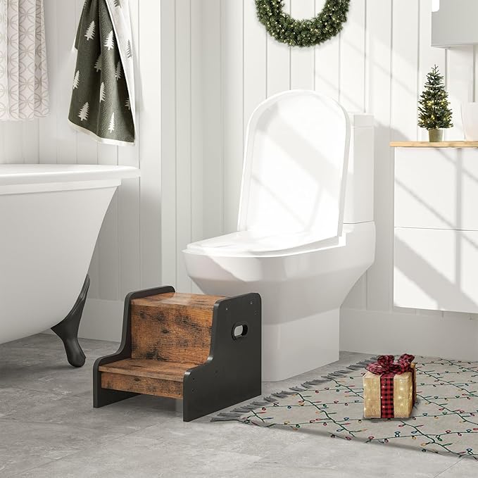 HOOBRO Step Stool for Kids, Two Step Toddler's Stool, Kids Potty Training Stool with Handles, Non-Slip Pads for Safety, Easy to Move, for Sink, Bathroom, Bedroom, Rustic Brown BF01JD01G1