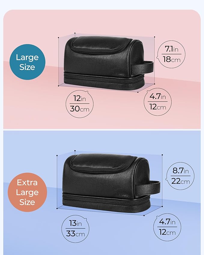 Elviros Toiletry Bag for Mens PU Leather Travel Organizer Kit with Hanging hook, Large Water-resistant Toiletries Bathroom Shaving Bags(Extra Large, Black)