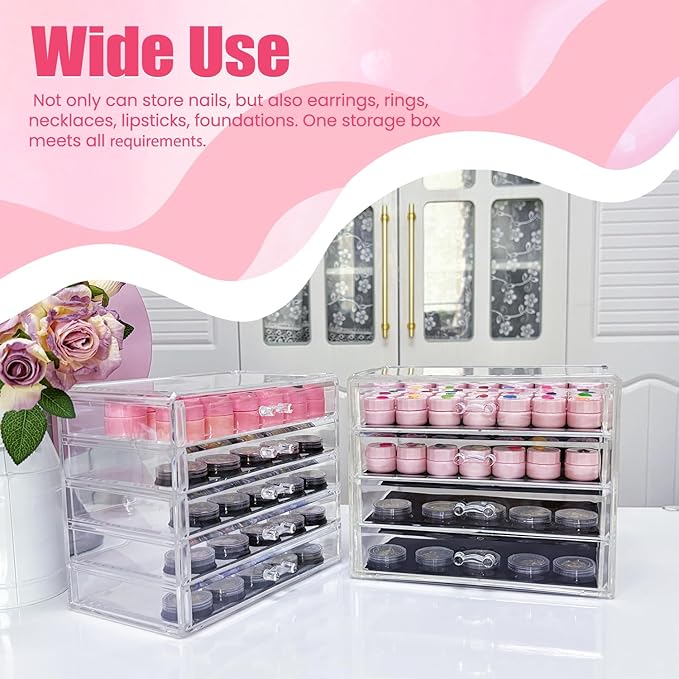 5 Tier Nail Art Decoration Storage Box，Acrylic Make Up&Jewelry Organizer with Drawers, Cosmetic Storage for Dresser Countertop and Bathroom，Transparent Acrylic Nail Art Jewelry Accessories