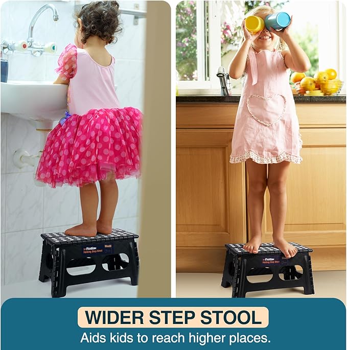 Flottian 9" Folding Step Stool for Adults and Kids 15-Inch Extra Wide Stool Holds Up to 300 lbs,Non-Slip Folding Stools with Handle,Compact Plastic Foldable Step Stool for Bathroom,Kitchen,ect