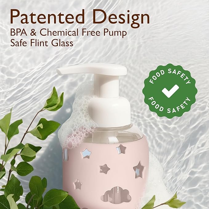 SoCal Suds & Company Glass Foaming Hand Soap Dispenser, Soft Grip Silicone Sleeve, Refillable Pump Bottle for Kids, Baby Wash & Shampoo, Ideal for Home Use, Light Pink 8oz
