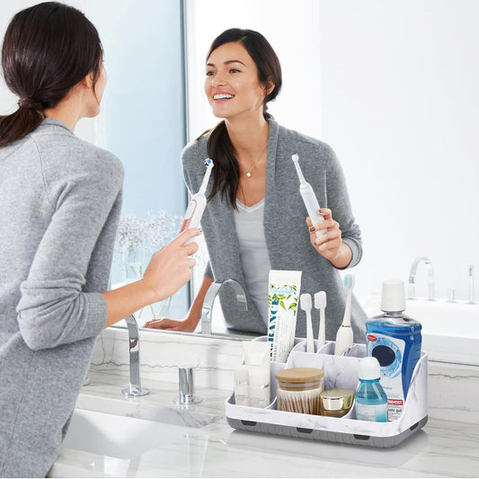 Marble Bathroom Countertop Organizer - Detachable 7 Slots Kids Electric Toothbrush and Toothpaste Holde Drainage for Bathroom Accessories Organization Counter Vanity Storage, Grey