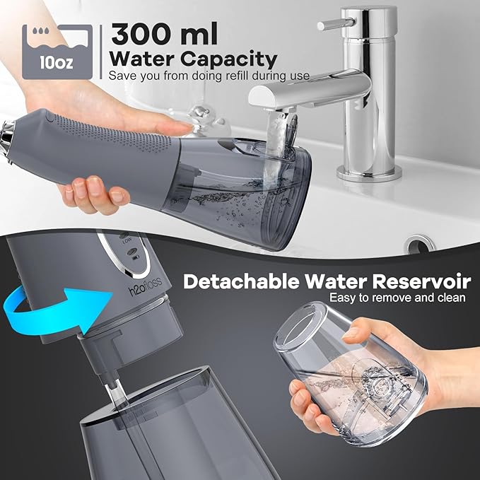 H2ofloss Water Dental Flosser Pick for Teeth: 5 Modes Cordless Portable 300ML Larger Tank Water Teeth Cleaner IPX7 Waterproof Flossing Cleaning Picks for Home Travel Gray