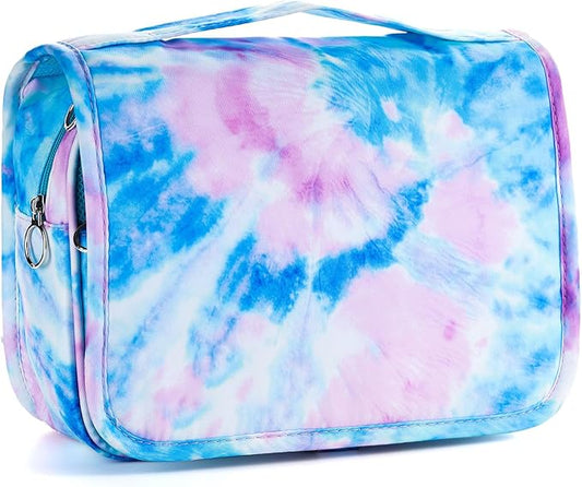 Kids Hanging Toiletry Bag for Girls, Travel Toiletry Bag for Little Young Girls Cosmetic Makeup Waterproof Wash Bag Toddler Traveling Toiletries, Tie Dye Blue