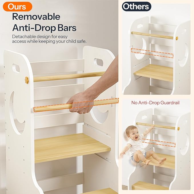 HOOBRO Toddler Standing Tower, Adjustable Height Toddler Step Stool with Back Protection, Kids Kitchen Step Stool with Safety Rails and Non-Slip Foot Pads, for Kitchen, Bathroom, White WN90JD01