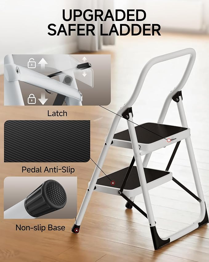 2 Step Stool, Folding Step Ladder with Wide Anti-Slip Pedal & Safety Lock, Step Stool for Kitchen, Bathroom, Office, 300lbs Capacity
