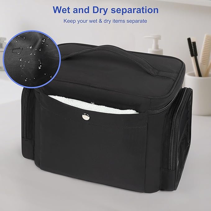 Large Makeup Bag, Travel Toiletry Bag for Women, Lightweight Cosmetic Makeup Bag Organizer with Handle and Clear Side Pockets for Traveling, Accessories, Essentials, Toiletries, Black