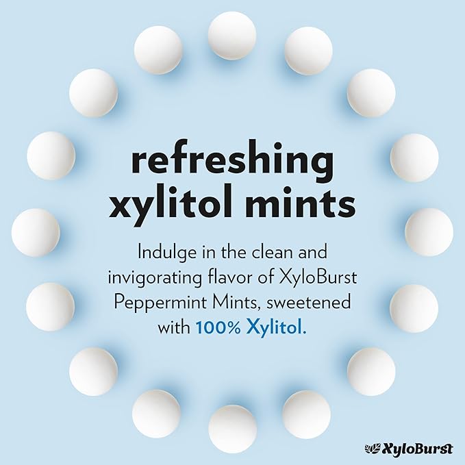 XyloBurst - Xylitol Mints | Sugar Free Breath Mints for Oral Health | Gluten Free, Vegan, Keto Friendly | Aspartame Free Mints | Peppermint | 60 Count Jar, 8-Pack