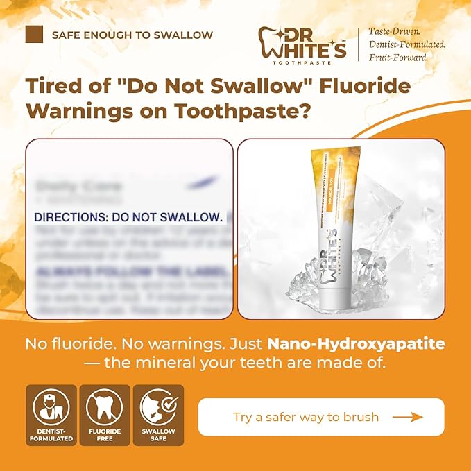 Dr. White’s Fluoride-Free nHA Toothpaste 3-Pack; Dentist-Formulated, Nano Hydroxyapatite + Xylitol, Sensitivity Relief Complex™, Mint-Free, Enamel Safe, Swallow-Safe (3.5 Oz, Mango Joy)