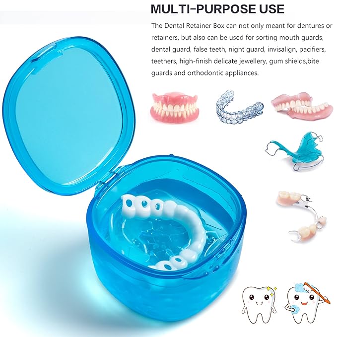 No-Leak Denture Bath Case, Retainer Cleaning Box, Clear Braces, Mouth Guard, Night Guard and Retainer (transparent blue)