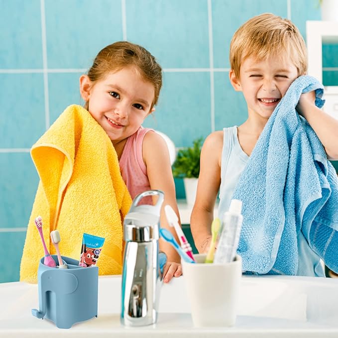 Kids Toothbrush Holder, Cute Elephant Toothbrush Holders for Toddler, Toothbrush Toothpaste Holder for Bathroom, Toothbrush Organizer with 3 Slots and a Hook, Blue