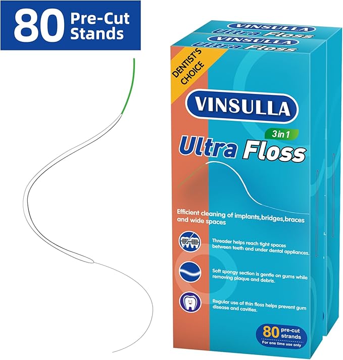 Dental Floss for Braces, Floss Threaders for Bridges and Implants, PTFE & PFAS Free Floss, 80 Pre-Cut Strands (Pack of 3)