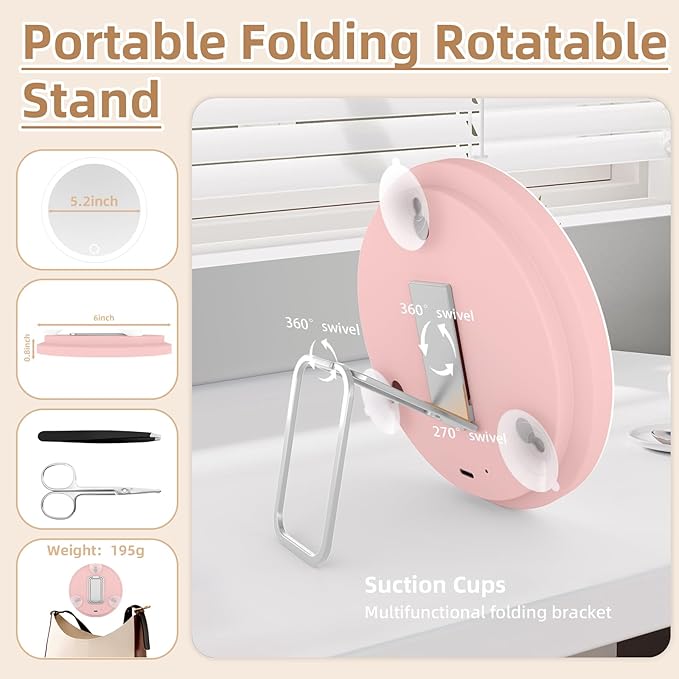 20X Magnifying Mirror with Light, Large 6inch Lighted Magnified Mirror 20x with 3 Suction Cups and 360° Table Stand, Rechargeable 3 Colors Dimming Vanity Makeup Mirror with Tweezers & Scissors