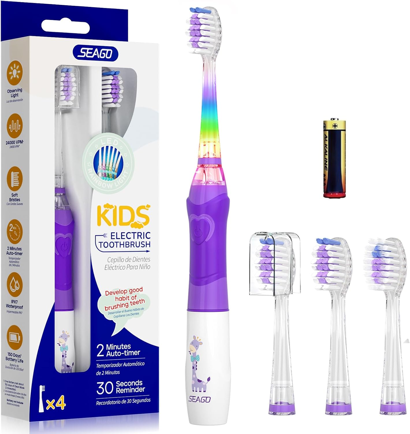 Kids Electric Toothbrush with 2 Minute Timer 30 Seconds Reminder and 4 Replacement Bursh Heads,Color Led Lights,24,000 Vibrations Girls Battery Power Toothbrush for Ages 4-12 Years(Purple)