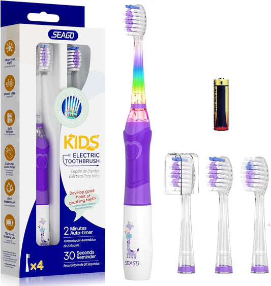 Kids Electric Toothbrush with 2 Minute Timer 30 Seconds Reminder and 4 Replacement Bursh Heads,Color Led Lights,24,000 Vibrations Girls Battery Power Toothbrush for Ages 4-12 Years(Purple)