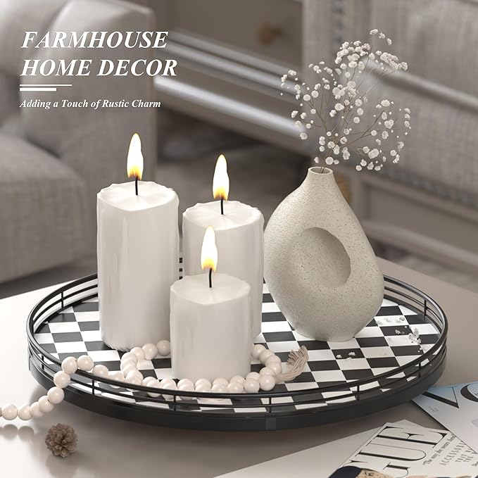 Black and White Kitchen Lazy Susan Turntable – Checkered Round Decorative Tray, 13” Table Top Oak Wood Lazy Susan for Cookies, Dining Table Organizer, Small Kitchen Table Centerpiece