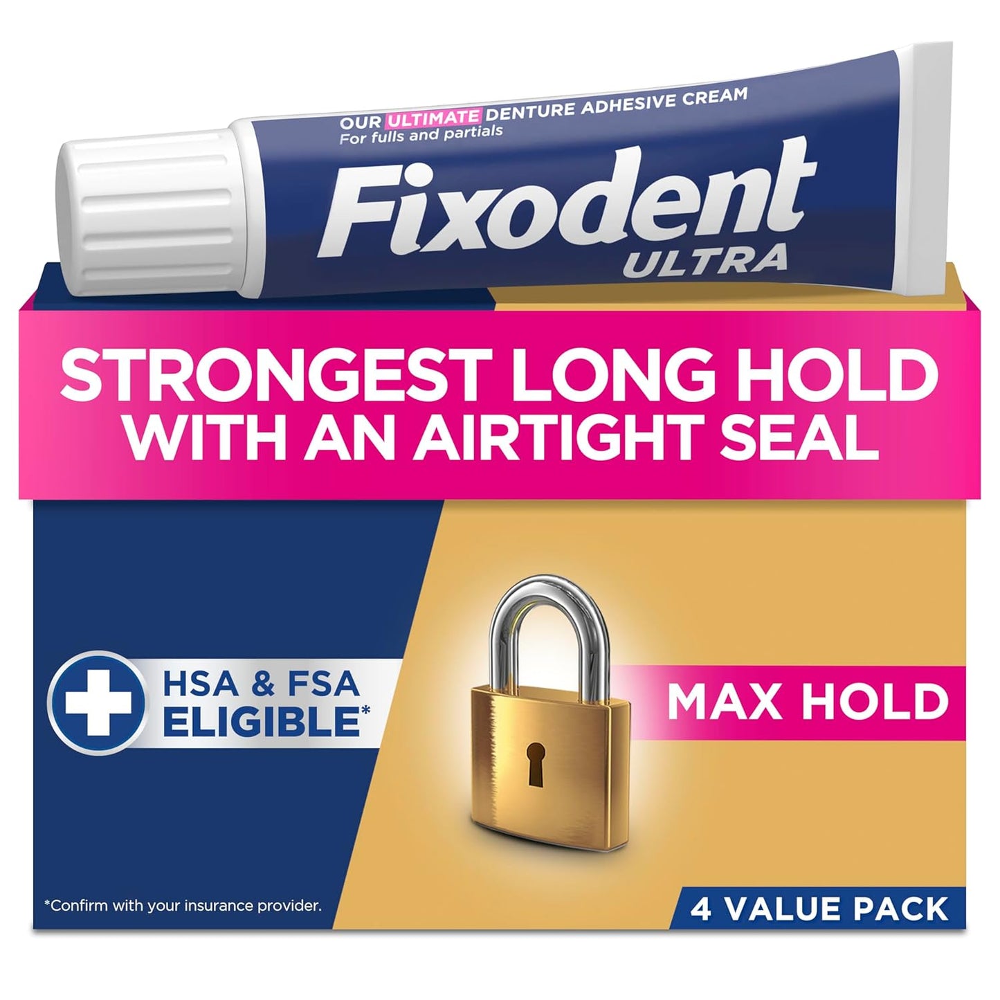 Fixodent Ultra Max Hold Secure Denture Adhesive Cream for Full and Partial Denture Wearers, 2.2oz | (Pack of 24)