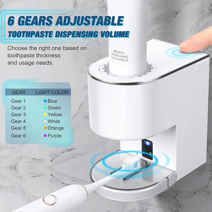 Automatic Toothpaste Dispenser Wall Mounted: White Electric 6 Adjustable Levels Auto Toothpaste Squeezer Smart Rechargeable Touchless for Kids Adults - Bathroom - Replaceable Parts