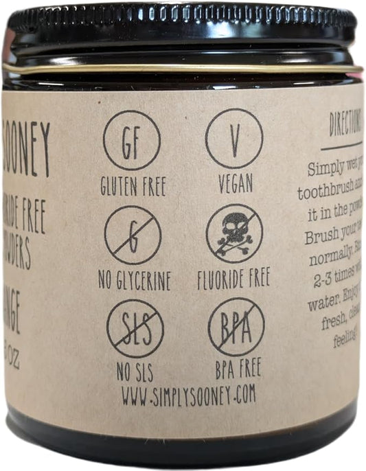 Simply Sooney Glass Jar Vegan Fluoride Free Remineralizing Tooth Powder Kid Safe Orange I Organic Ingredients