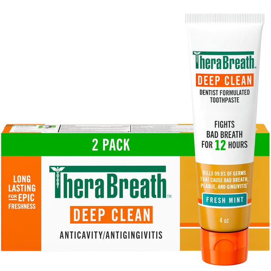 TheraBreath Deep Clean Toothpaste, Kills 99.9% of Germs That Cause Bad Breath, Gingivitis & Plaque (1), Gentle Teeth Whitening with Fluoride for Anticavity Protection, Fresh Mint, 4 Oz, 2-Pack