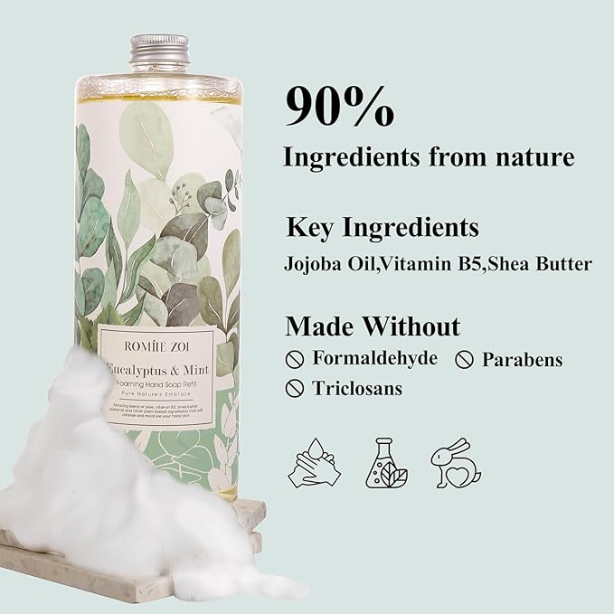 ROMIIE ZOI Eucalyptus & Mint Foaming Hand Soap Refills with Reusable Pump Dispenser - Natural & Cruelty-Free, Gentle & Moisturizing - Large Bottle Bulk for Home & Kitchen-1L/33.8oz (Pack of 3)