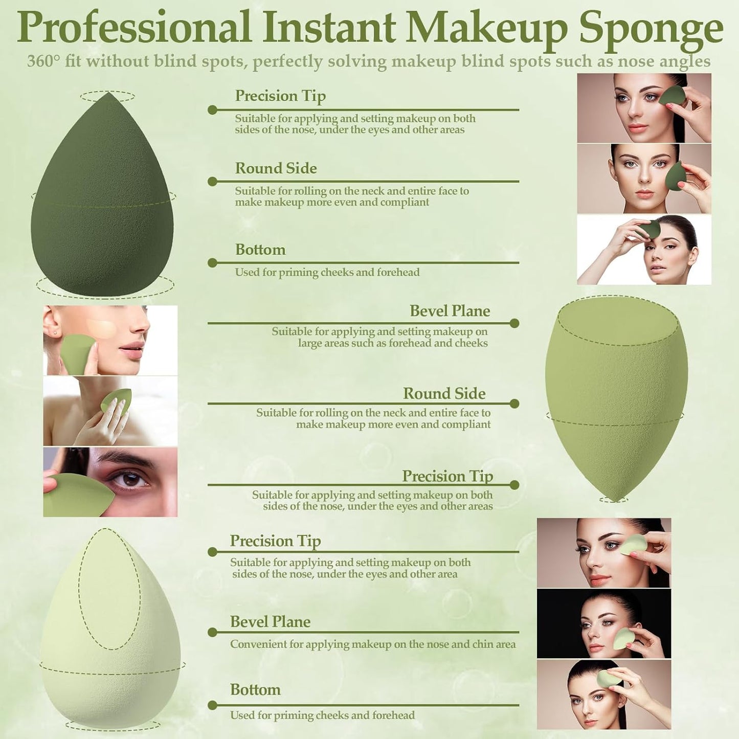 14 Pcs Makeup Sponge Set, Beauty Sponges Blender with 4 Pcs Powder Puff and 4 Pcs Mini Make up Sponges St. Patrick's Day Gift for Liquid,Foundation,Powder,Concealer,Cream (Green)