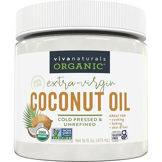 Viva Naturals Organic Coconut Oil, 16 fl oz – Unrefined, Cold-Pressed Extra Virgin Coconut Oil, USDA Organic & Non-GMO, Natural Cooking Oil, Hair Oil & Skin Oil