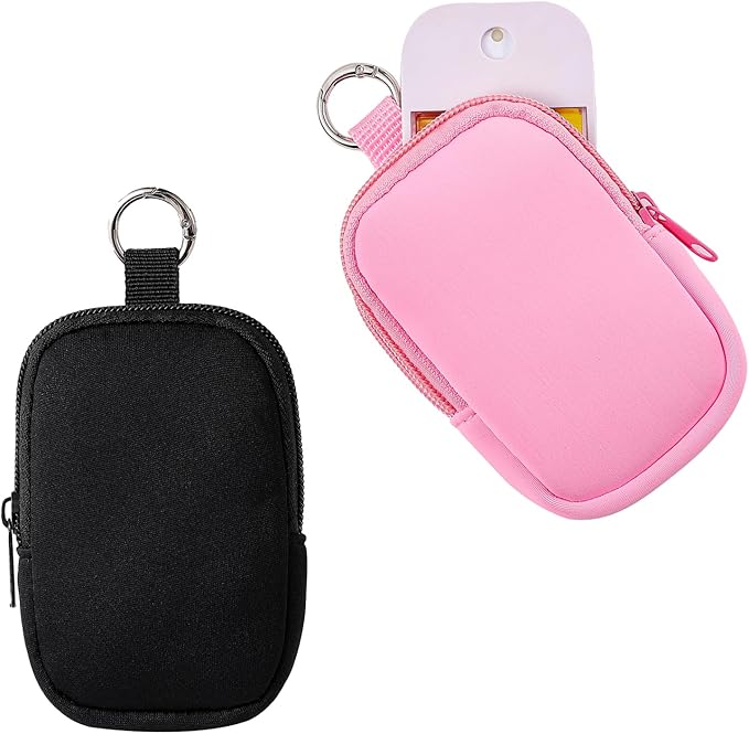 2Pcs Small Makeup Bag, Mini Portable Travel Cosmetic Bag, Soft Neoprene Makeup Pouch with Zipper, Fashion Accessory with Snap Hook, Cute Coin Purse Lipstick Cosmetic Travel Organizer(Black+ Pink)