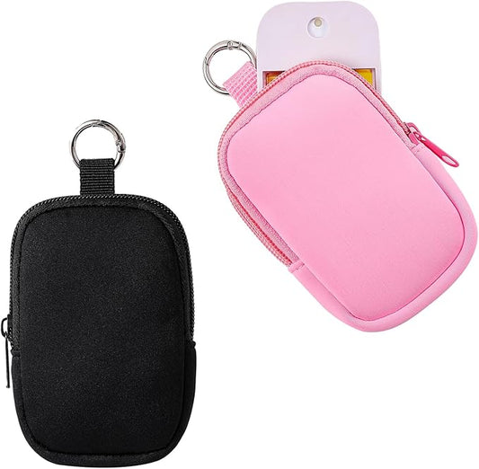 2Pcs Small Makeup Bag, Mini Portable Travel Cosmetic Bag, Soft Neoprene Makeup Pouch with Zipper, Fashion Accessory with Snap Hook, Cute Coin Purse Lipstick Cosmetic Travel Organizer(Black+ Pink)