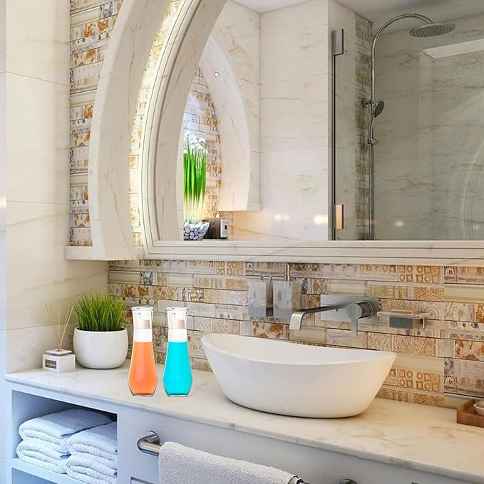 4 Pack Mouthwash Dispenser - 8.8 oz Glass Mouth Wash Container Small Refillable Mouthwash Bottle with Lid Cup for Bathroom Countertop