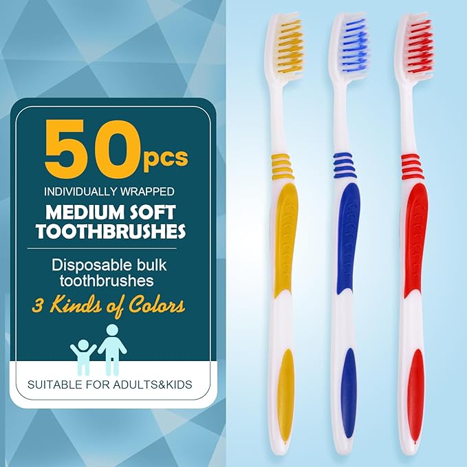 Navona 50 PCS Individually Wrapped Bulk Toothbrush Pack, Disposable Toothbrush, Toothbrushes Bulk for Adults, Kids Toothbrushes, Soft Bristle, Ergonomics Handle, Perfect for Travel, Hotel, Donation