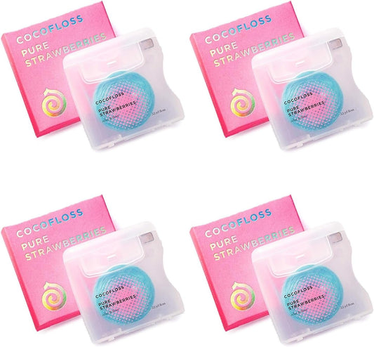 Cocofloss Woven Dental Floss, Dentist-Designed Oral Care, Strawberry Scent, Waxed, Expanding, Kid-Friendly String Floss with Coconut Oil, 4 Spools (33 yd Each)