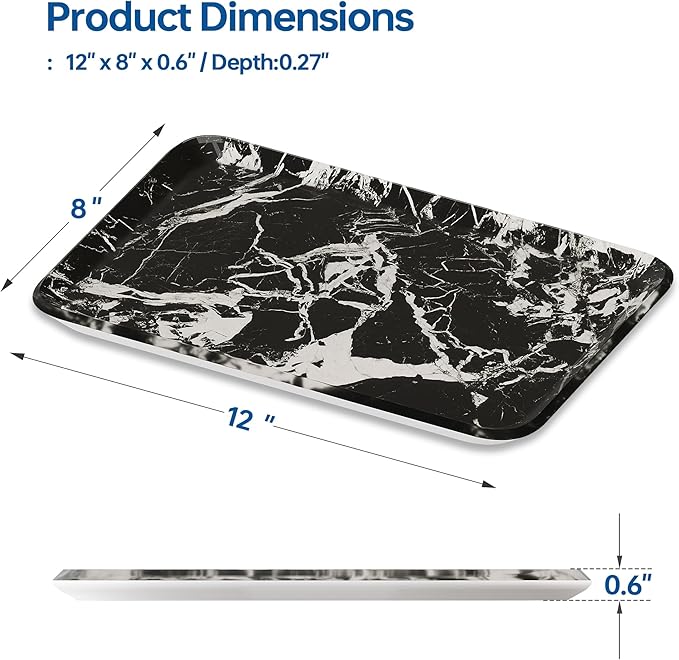 Vanity Decorative Tray, 12" x 8" Black Marble Pattern Perfume Tray, Bathroom & Countertop Organizer for Soap, Jewelry, Candle