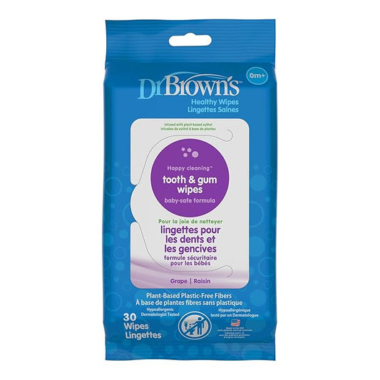 Dr. Brown's Tooth and Gum Healthy Wipes, Fluoride-Free Oral Care for Babies, Grape Flavor, 30 count, 1-Pack (Packaging May Vary)