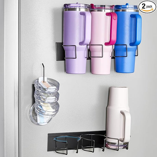 2 Pack Magnetic Cup Holder for Fridge, Water Bottle Organizer for Stanley 30oz and 40oz with Handle, Tumbler Organizer for Stanley Cup Accessories Lid, Heavy Duty Magnetic Cup Storage