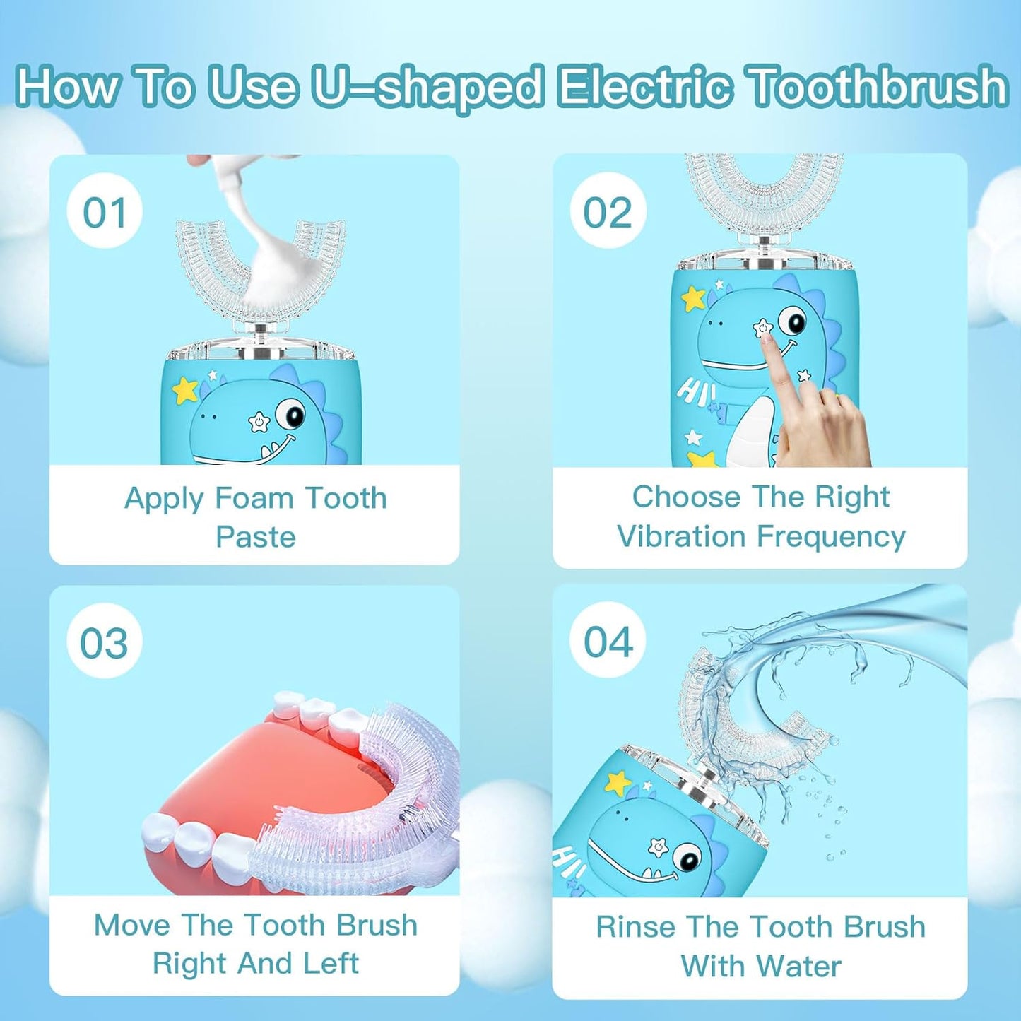 Kids Electric U Shaped Toothbrush,Kids Dinosaur Sonic Full Mouth Toothbrush with 4 Soft Brush Head Automatic 6 Cleaning Modes IPX7 Waterproof 360 Degree Cleaning - Age2-7 Blue